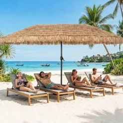 450 cm Hawaii Sonnenschirm mit Schirmständer Strohschirm mit Kurbel & 12 Metallstreben