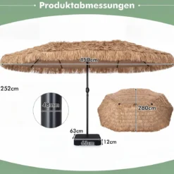 450 cm Hawaii Sonnenschirm mit Schirmständer Strohschirm mit Kurbel & 12 Metallstreben