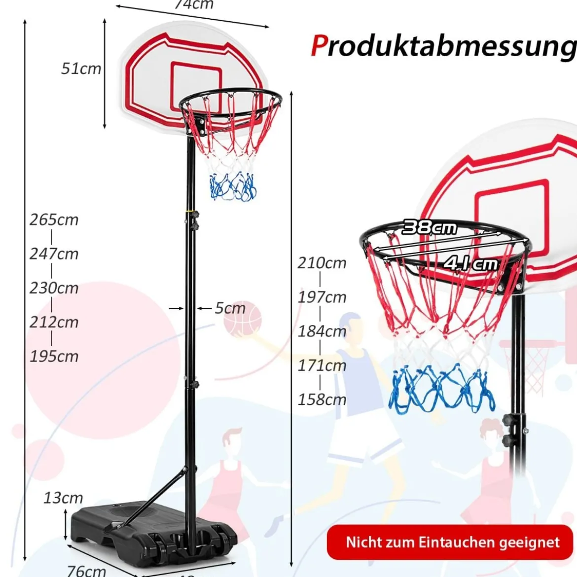 158-210 cm Höhenverstellbarer Basketballständer mit 2 Rädern & 2 Allwetternetz Korbanlag Weiß
