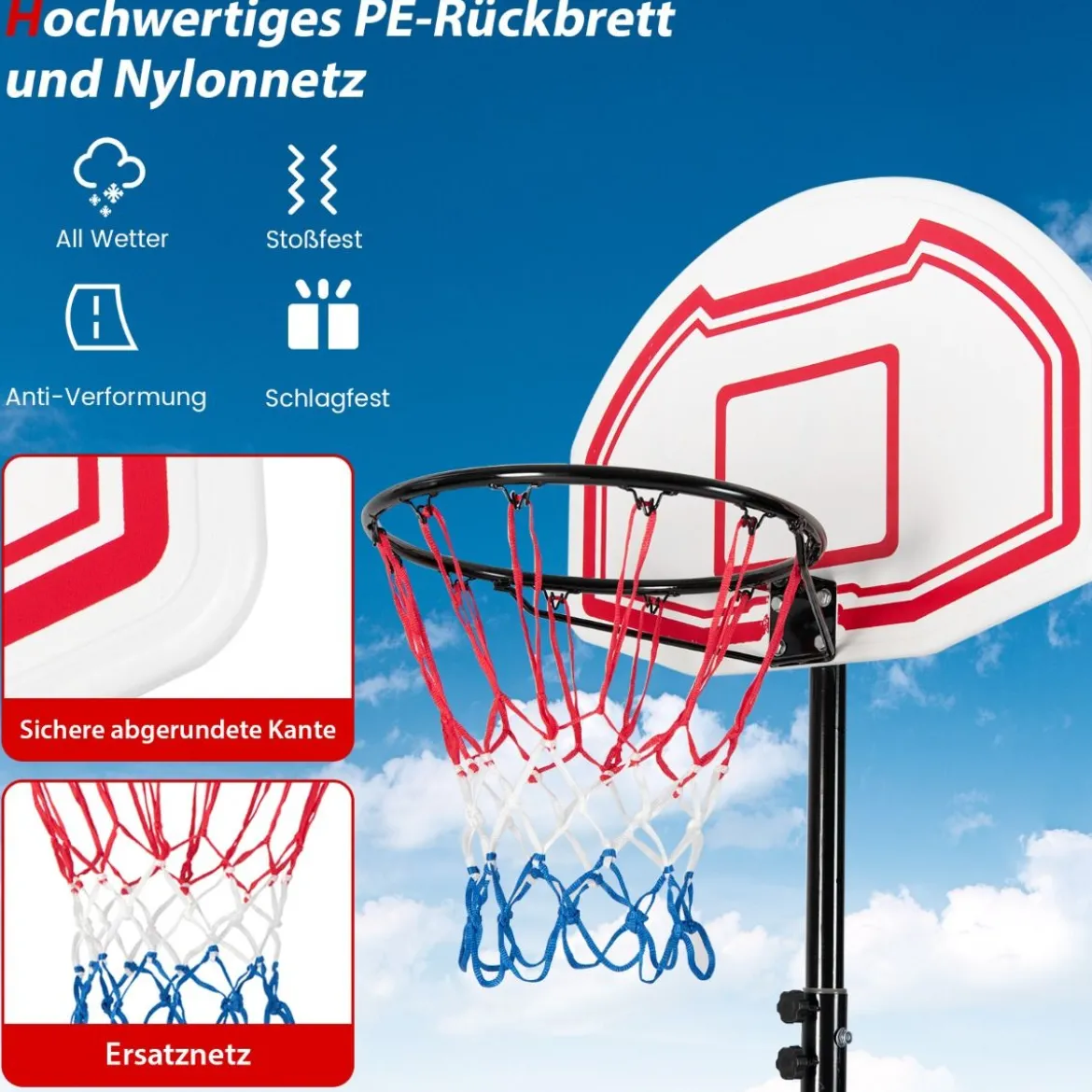 158-210 cm Höhenverstellbarer Basketballständer mit 2 Rädern & 2 Allwetternetz Korbanlag Weiß