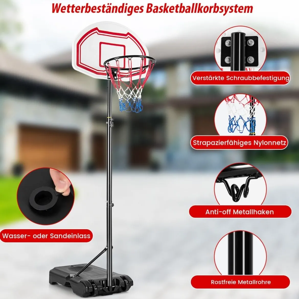 158-210 cm Höhenverstellbarer Basketballständer mit 2 Rädern & 2 Allwetternetz Korbanlag Weiß