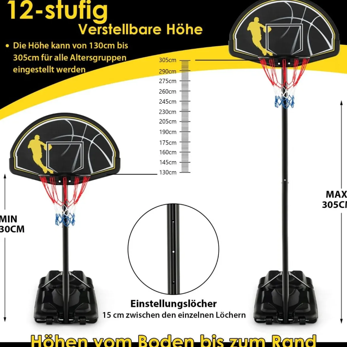 130-305 cm Höhenverstellbarer Basketballständer mit Rädern & Ständer Tragbarer Basketballkorb
