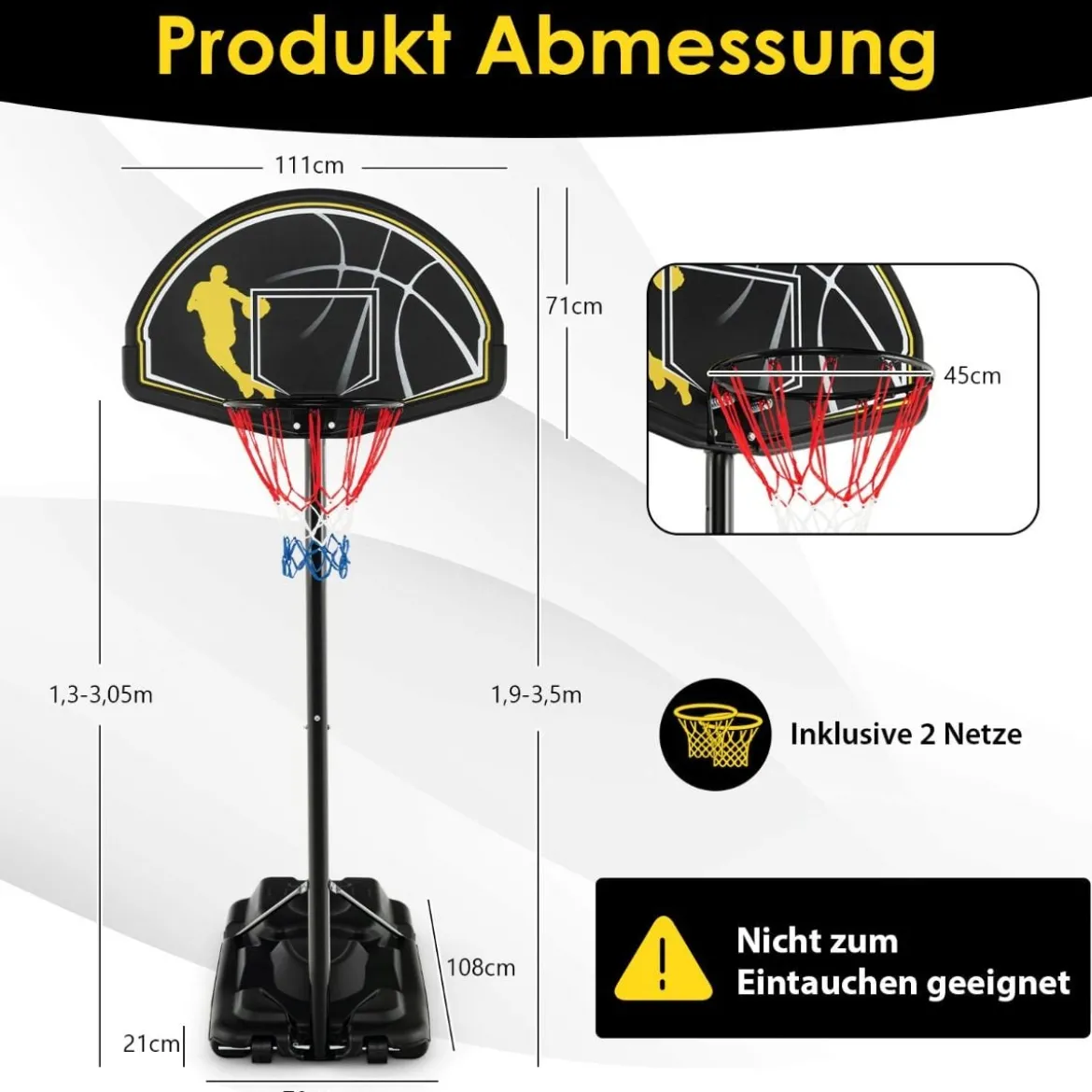 130-305 cm Höhenverstellbarer Basketballständer mit Rädern & Ständer Tragbarer Basketballkorb
