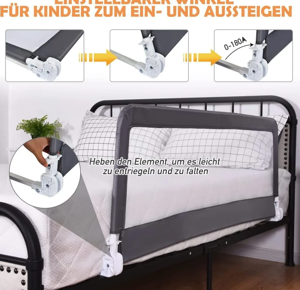 100cm Höhenverstellbares Bettschutzgitter mit Befestigungsgurt geeignet für Doppelmatratzen Grau