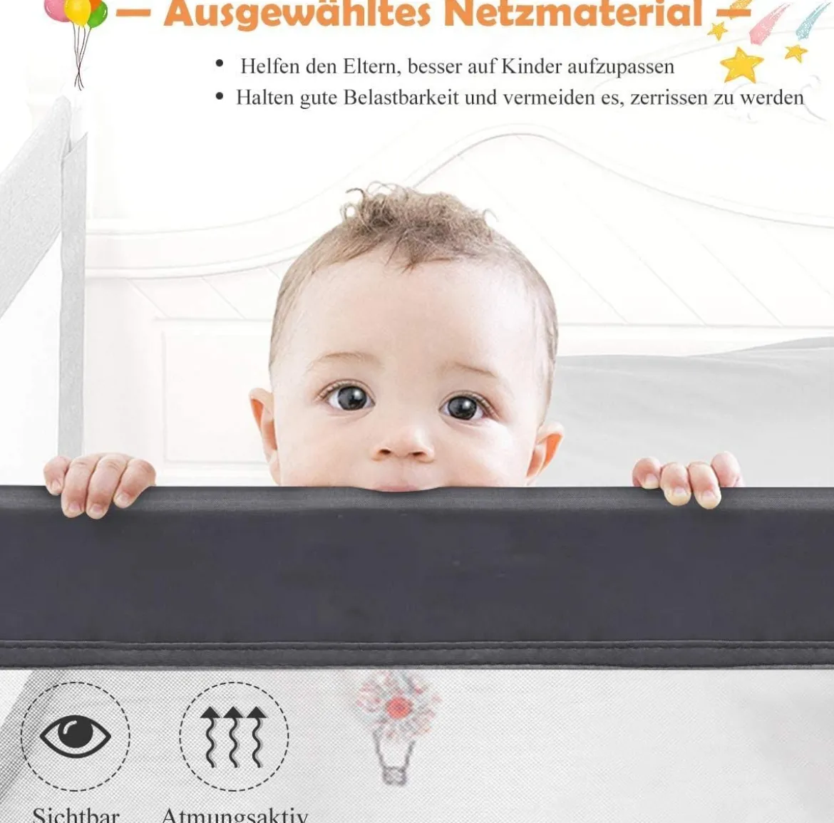 150cm Höhenverstellbares Bettschutzgitter mit Befestigungsgurt geeignet für Doppelmatratzen Grau