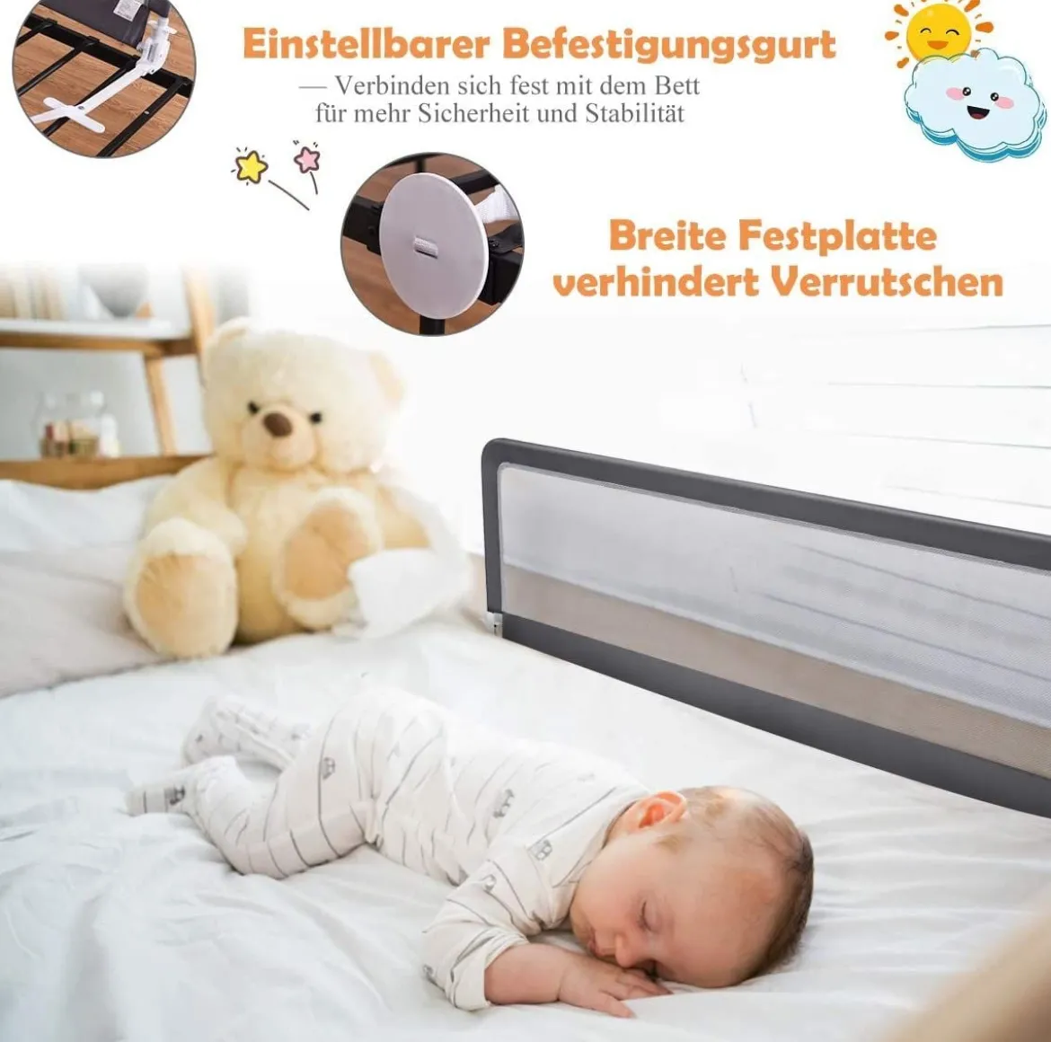 150cm Höhenverstellbares Bettschutzgitter mit Befestigungsgurt geeignet für Doppelmatratzen Grau