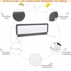 150cm Höhenverstellbares Bettschutzgitter mit Befestigungsgurt geeignet für Doppelmatratzen Grau