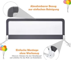 120cm Höhenverstellbares Bettschutzgitter mit Befestigungsgurt geeignet für Doppelmatratzen Grau