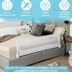 120cm Höhenverstellbares Bettschutzgitter mit Befestigungsgurt geeignet für Doppelmatratzen Weiß