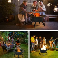 Ø 49 cm Höheverstellbare Feuerschale aus Stahl Feuerstelle mit 360° Grillrost Schwarz