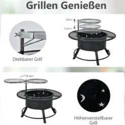 Ø 49 cm Höheverstellbare Feuerschale aus Stahl Feuerstelle mit 360° Grillrost Schwarz
