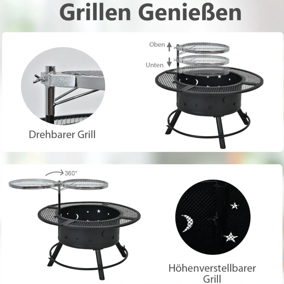 Ø 49 cm Höheverstellbare Feuerschale aus Stahl Feuerstelle mit 360° Grillrost Schwarz
