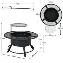 Ø 49 cm Höheverstellbare Feuerschale aus Stahl Feuerstelle mit 360° Grillrost Schwarz