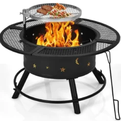 Ø 49 cm Höheverstellbare Feuerschale aus Stahl Feuerstelle mit 360° Grillrost Schwarz