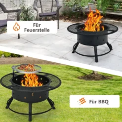 Ø 49 cm Höheverstellbare Feuerschale aus Stahl Feuerstelle mit 360° Grillrost Schwarz