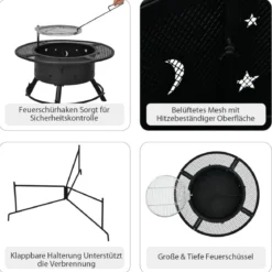 Ø 49 cm Höheverstellbare Feuerschale aus Stahl Feuerstelle mit 360° Grillrost Schwarz
