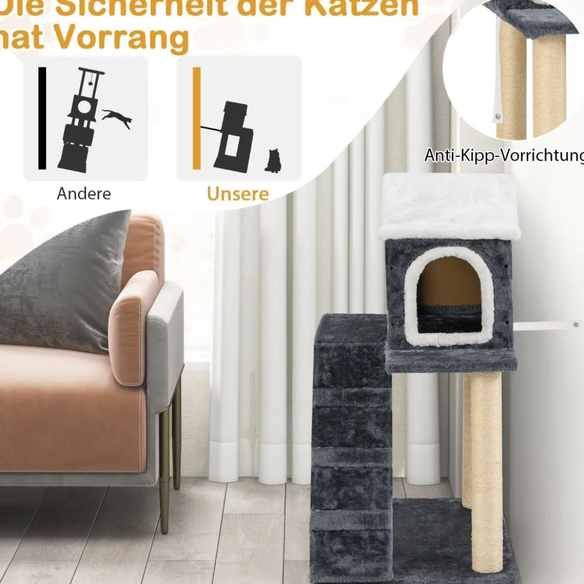 90 cm Hoch Kratzbaum mit Großer Höhle & Leiter & Sisalstämmen Katzenbaum Kletterbaum Grau
