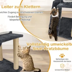 90 cm Hoch Kratzbaum mit Großer Höhle & Leiter & Sisalstämmen Katzenbaum Kletterbaum Grau