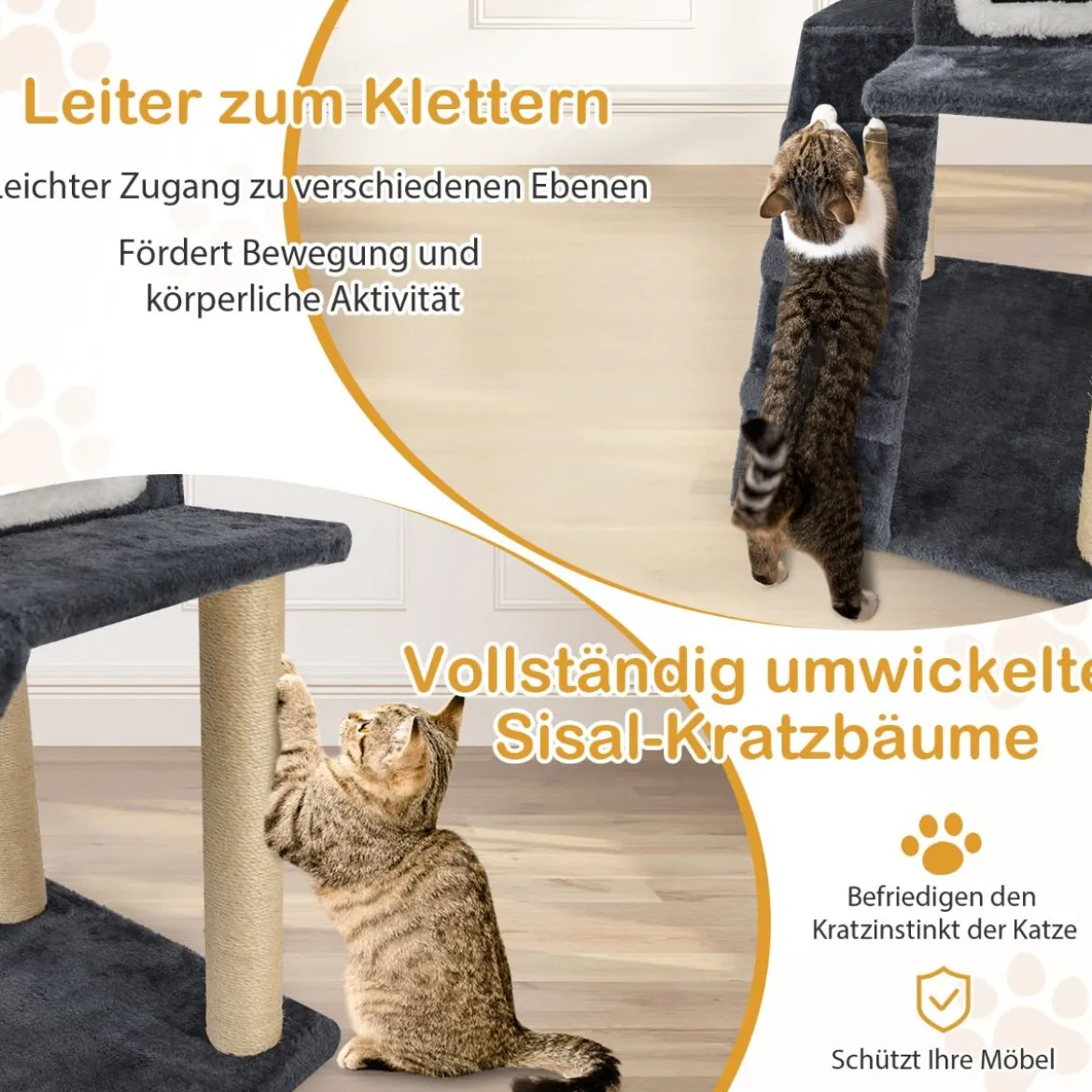 90 cm Hoch Kratzbaum mit Großer Höhle & Leiter & Sisalstämmen Katzenbaum Kletterbaum Grau