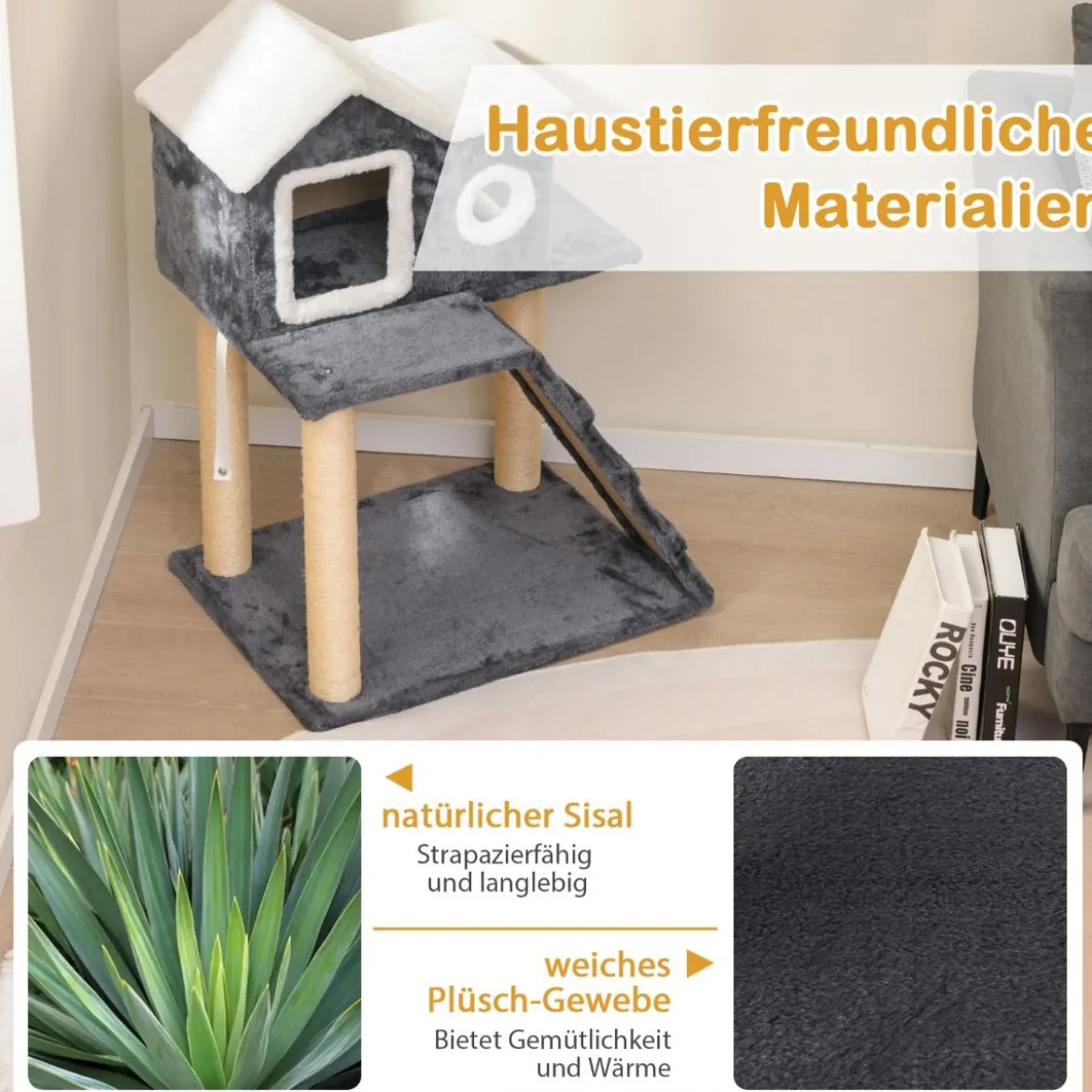 90 cm Hoch Kratzbaum mit Großer Höhle & Leiter & Sisalstämmen Katzenbaum Kletterbaum Grau