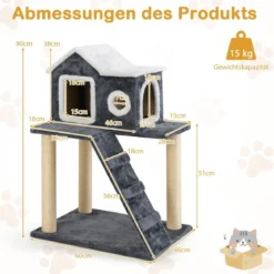 90 cm Hoch Kratzbaum mit Großer Höhle & Leiter & Sisalstämmen Katzenbaum Kletterbaum Grau