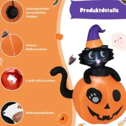 150 cm hohe aufblasbare Halloween-Dekoration Schwarze Katze mit Zaubererhut im Kürbis
