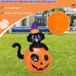 150 cm hohe aufblasbare Halloween-Dekoration Schwarze Katze mit Zaubererhut im Kürbis