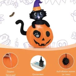 150 cm hohe aufblasbare Halloween-Dekoration Schwarze Katze mit Zaubererhut im Kürbis