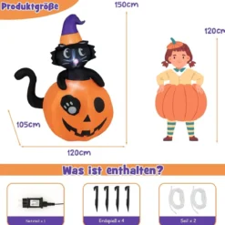 150 cm hohe aufblasbare Halloween-Dekoration Schwarze Katze mit Zaubererhut im Kürbis