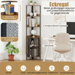 170 cm Hoh Eckregal mit Schrank & Türen & Metallrahmen Freistehendes Bücherregal Rustikal Braun