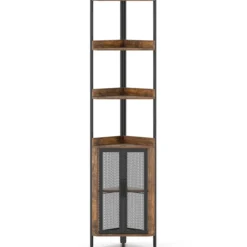 170 cm Hoh Eckregal mit Schrank & Türen & Metallrahmen Freistehendes Bücherregal Rustikal Braun