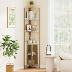 170 cm Hoh Eckregal mit Schrank & Türen & Metallrahmen Freistehendes Bücherregal Weiß