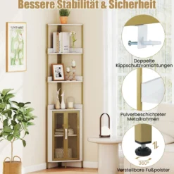 170 cm Hoh Eckregal mit Schrank & Türen & Metallrahmen Freistehendes Bücherregal Weiß
