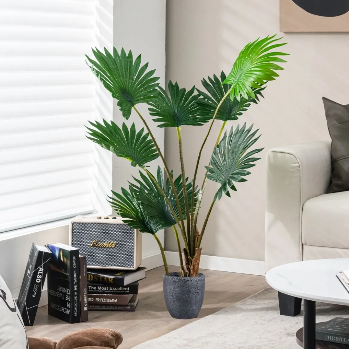 120 cm Hohe Fächerpalme Künstliche Tropische Palme mit Zementtopf & 8 Große Blätter