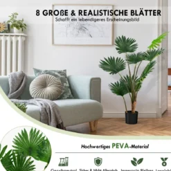 120 cm Hohe Fächerpalme Künstliche Tropische Palme mit Zementtopf & 8 Große Blätter