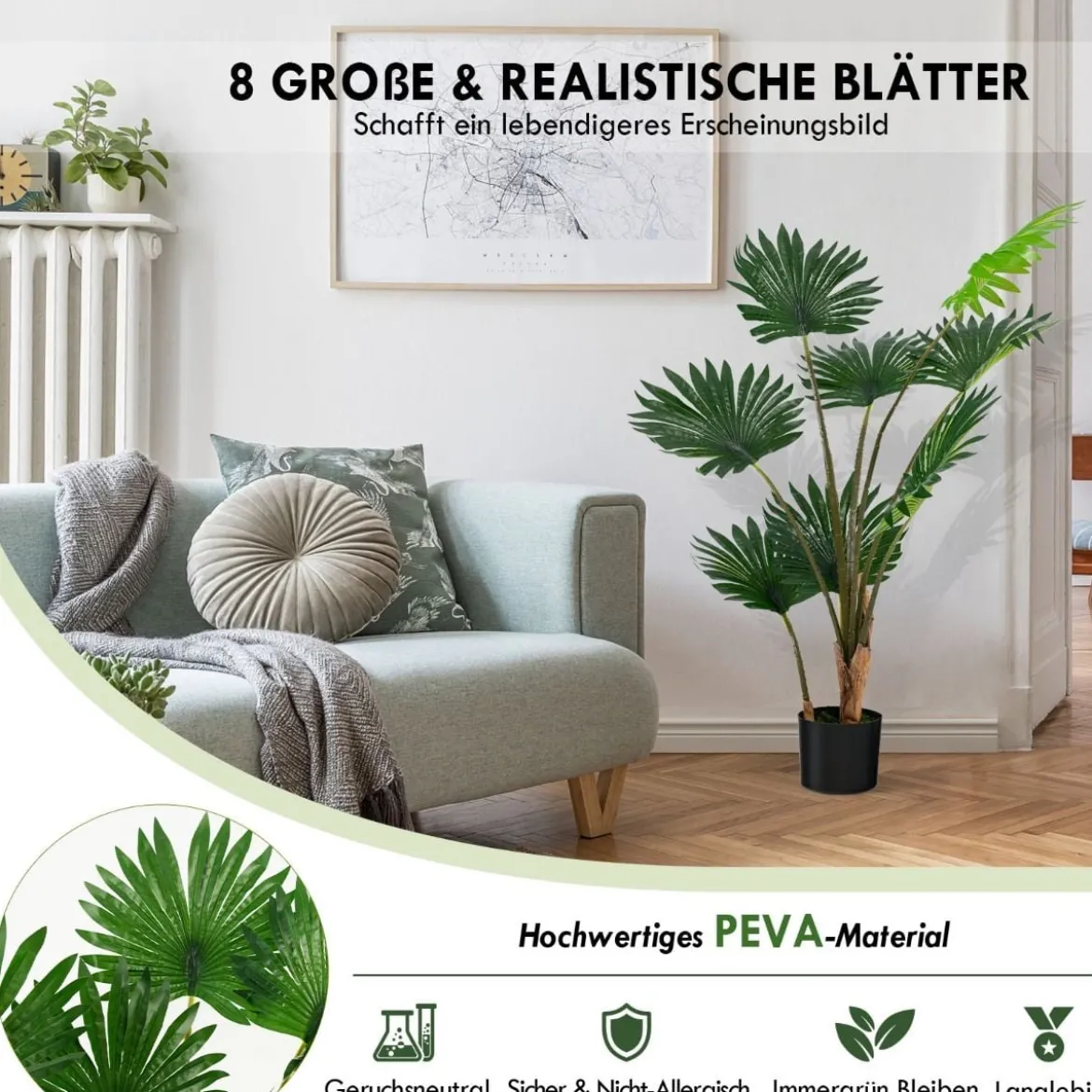 120 cm Hohe Fächerpalme Künstliche Tropische Palme mit Zementtopf & 8 Große Blätter