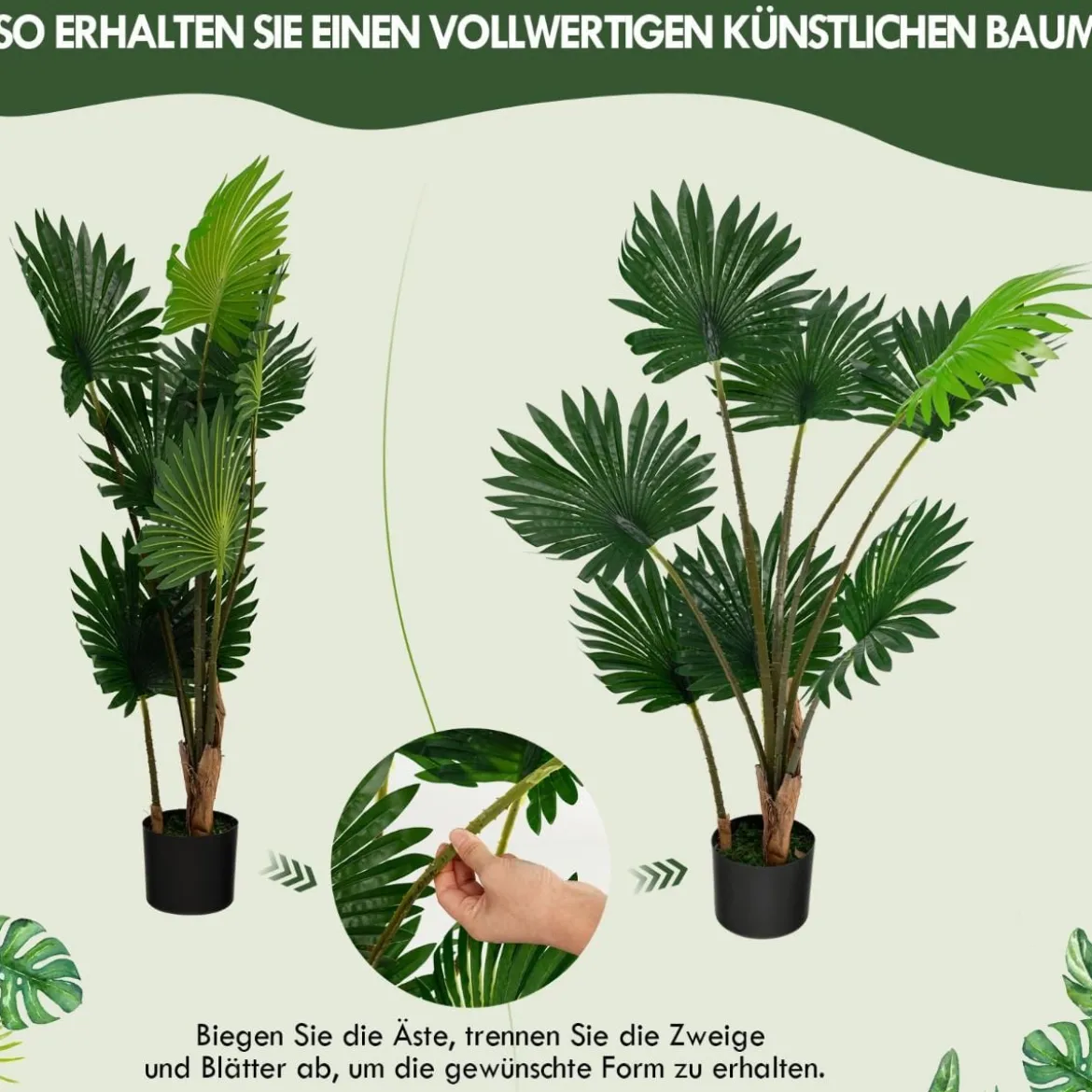 120 cm Hohe Fächerpalme Künstliche Tropische Palme mit Zementtopf & 8 Große Blätter