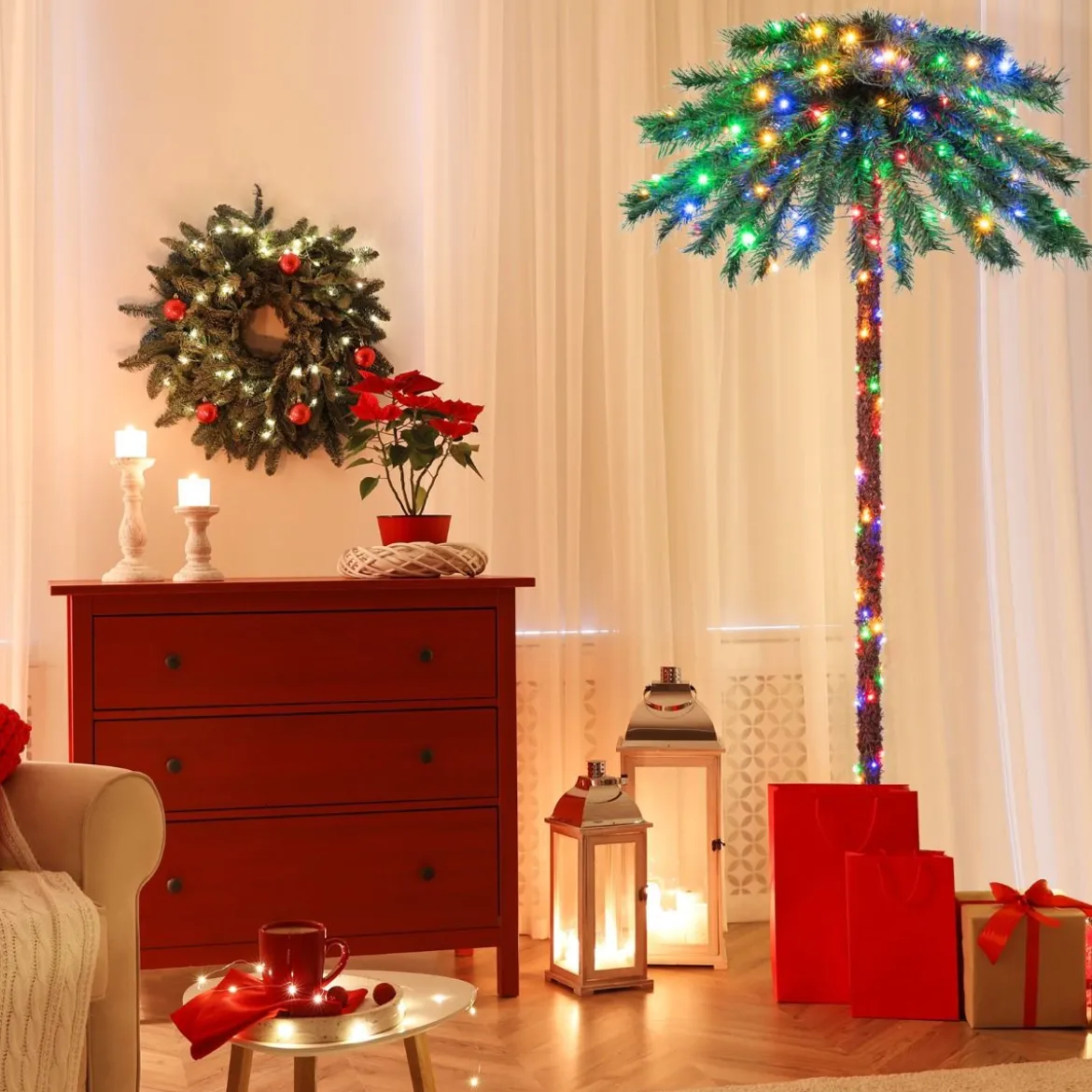 183 cm hohe künstliche Palme mit PVC-Zweigspitzen beleuchteter Kunstbaum für Weihnachten Grün