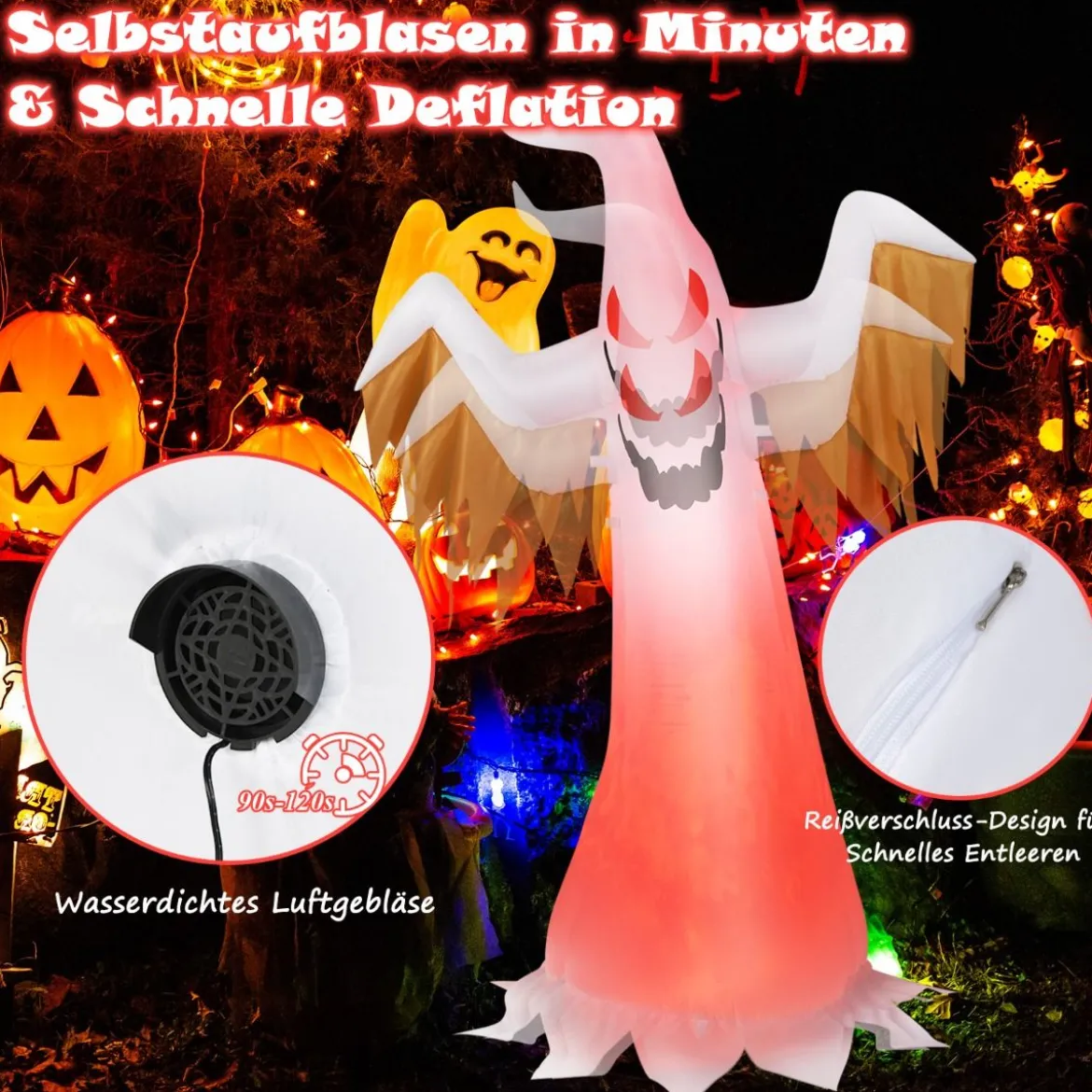 180cm hoher aufblasbarer Geist für Halloween aufblasbare Halloween-Dekoration mit leuchtend LED-Lichtern