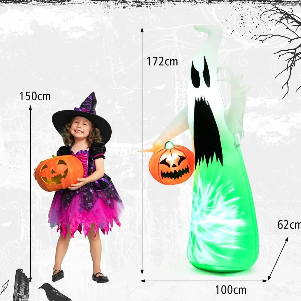 172 cm Hoher Aufblasbarer Halloween-Geist Weißer Geist mit Kürbis für Hof