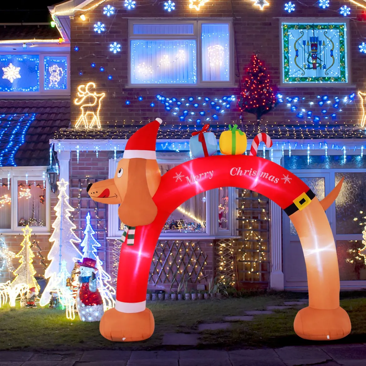 242 cm hoher aufblasbarer Weihnachts-Dackel-Bogen aufblasbarer Weihnachtsbogen mit LEDs Bunt