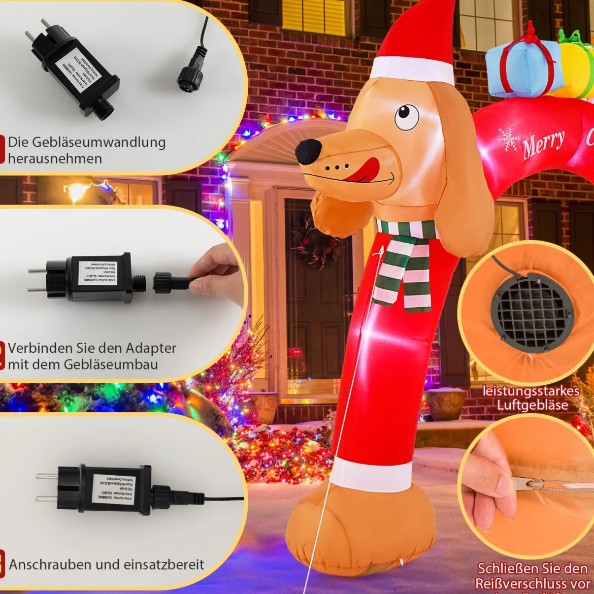 242 cm hoher aufblasbarer Weihnachts-Dackel-Bogen aufblasbarer Weihnachtsbogen mit LEDs Bunt
