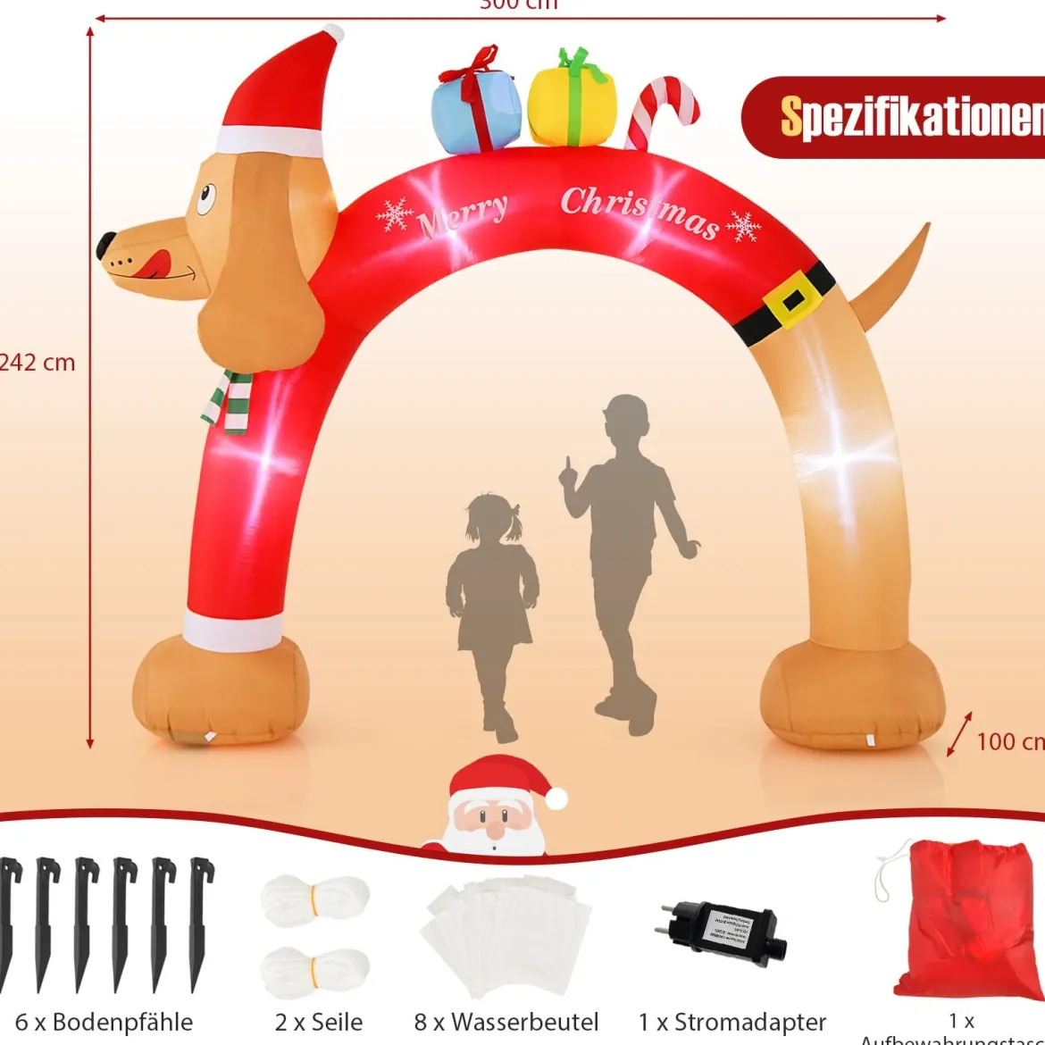 242 cm hoher aufblasbarer Weihnachts-Dackel-Bogen aufblasbarer Weihnachtsbogen mit LEDs Bunt