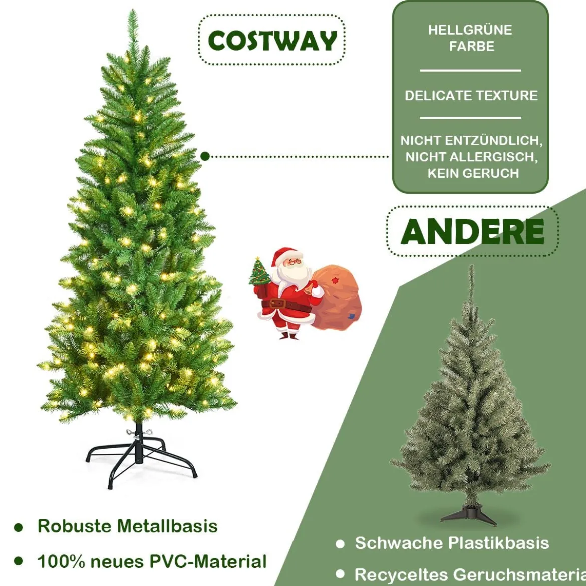 150 cm hoher beleuchteter künstlicher Bleistift-Weihnachtsbaum mit warmweißen Leuchte Grün