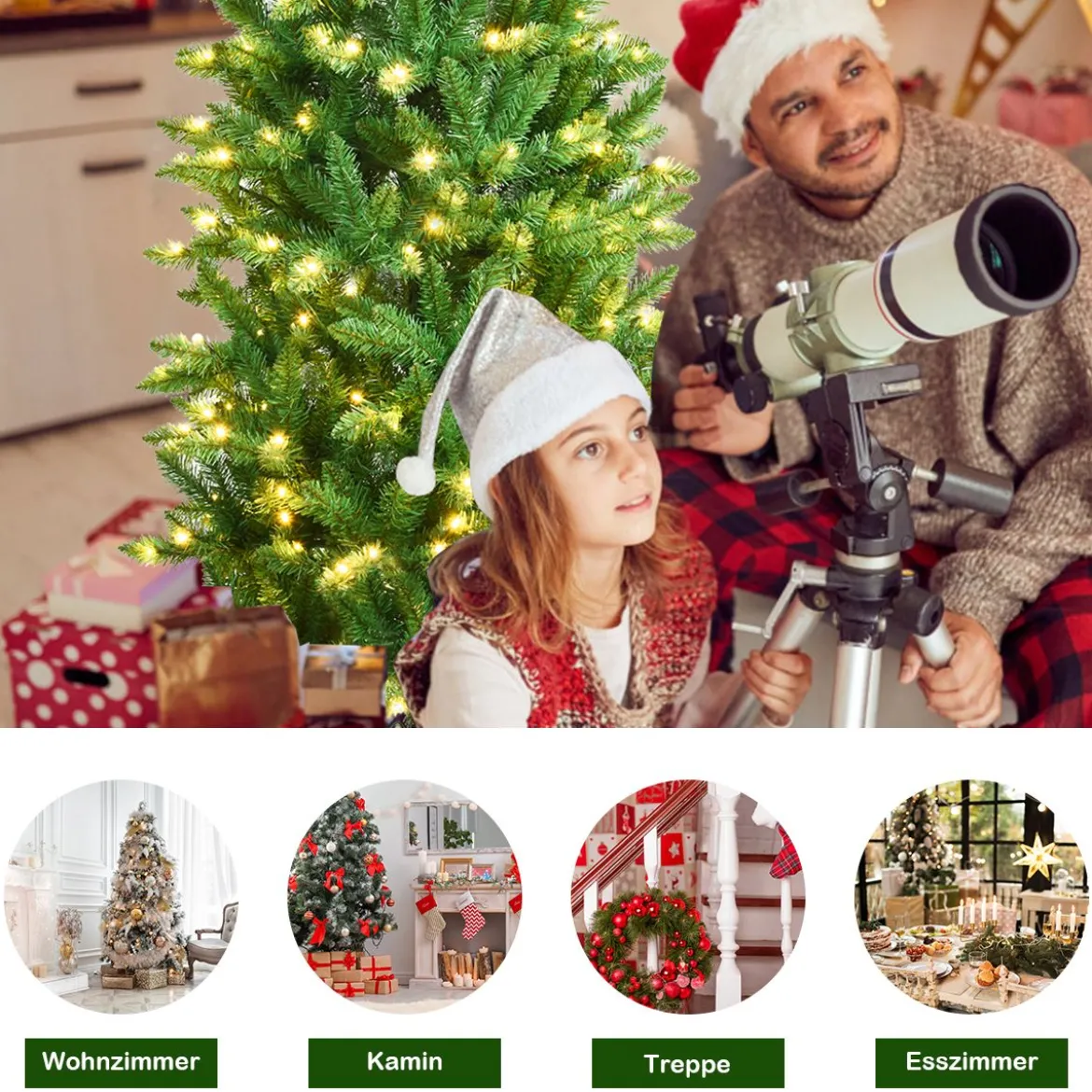 150 cm hoher beleuchteter künstlicher Bleistift-Weihnachtsbaum mit warmweißen Leuchte Grün