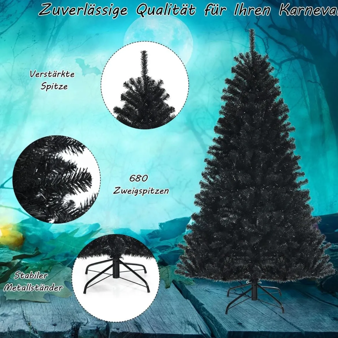 180 cm hoher beleuchteter schwarzer Weihnachtsbaum mit 250 lila LED-Lichtern für Feiertage