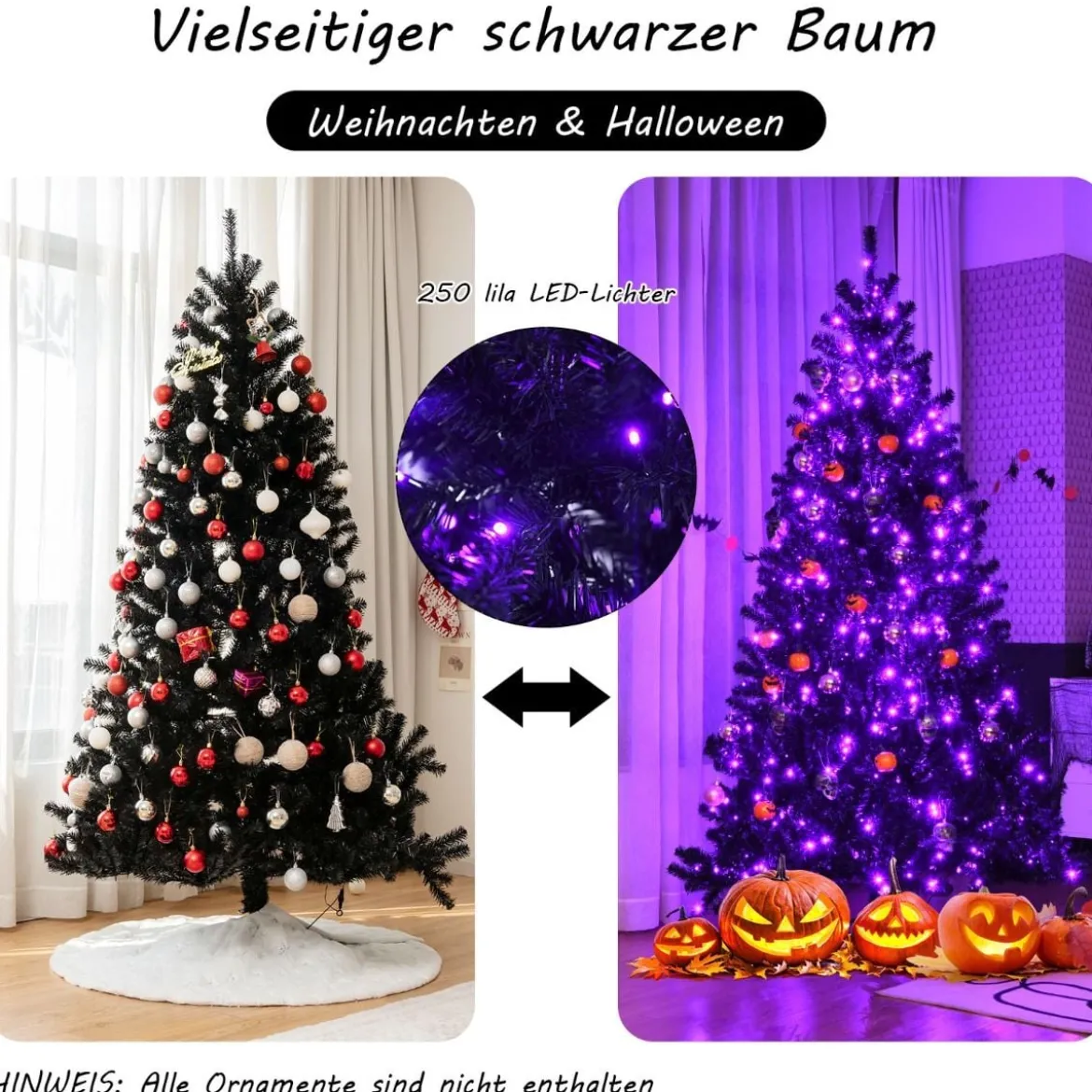 180 cm hoher beleuchteter schwarzer Weihnachtsbaum mit 250 lila LED-Lichtern für Feiertage