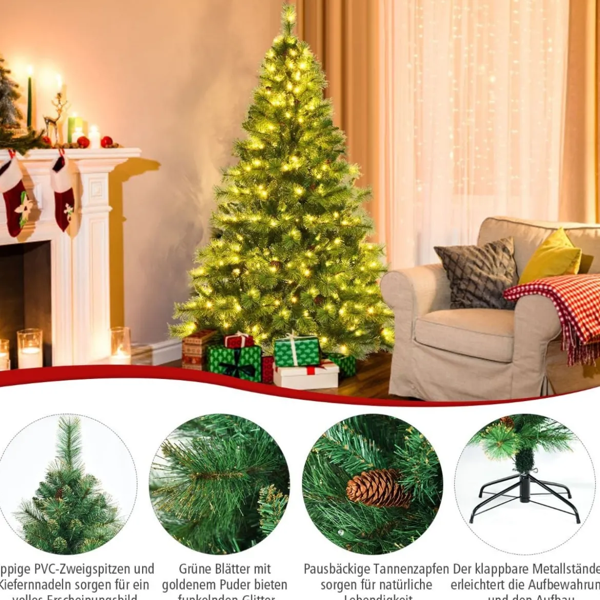 180 cm hoher beleuchteter Weihnachtsbaum Weihnachtsbaum mit 350 LED-Lichtern Grün