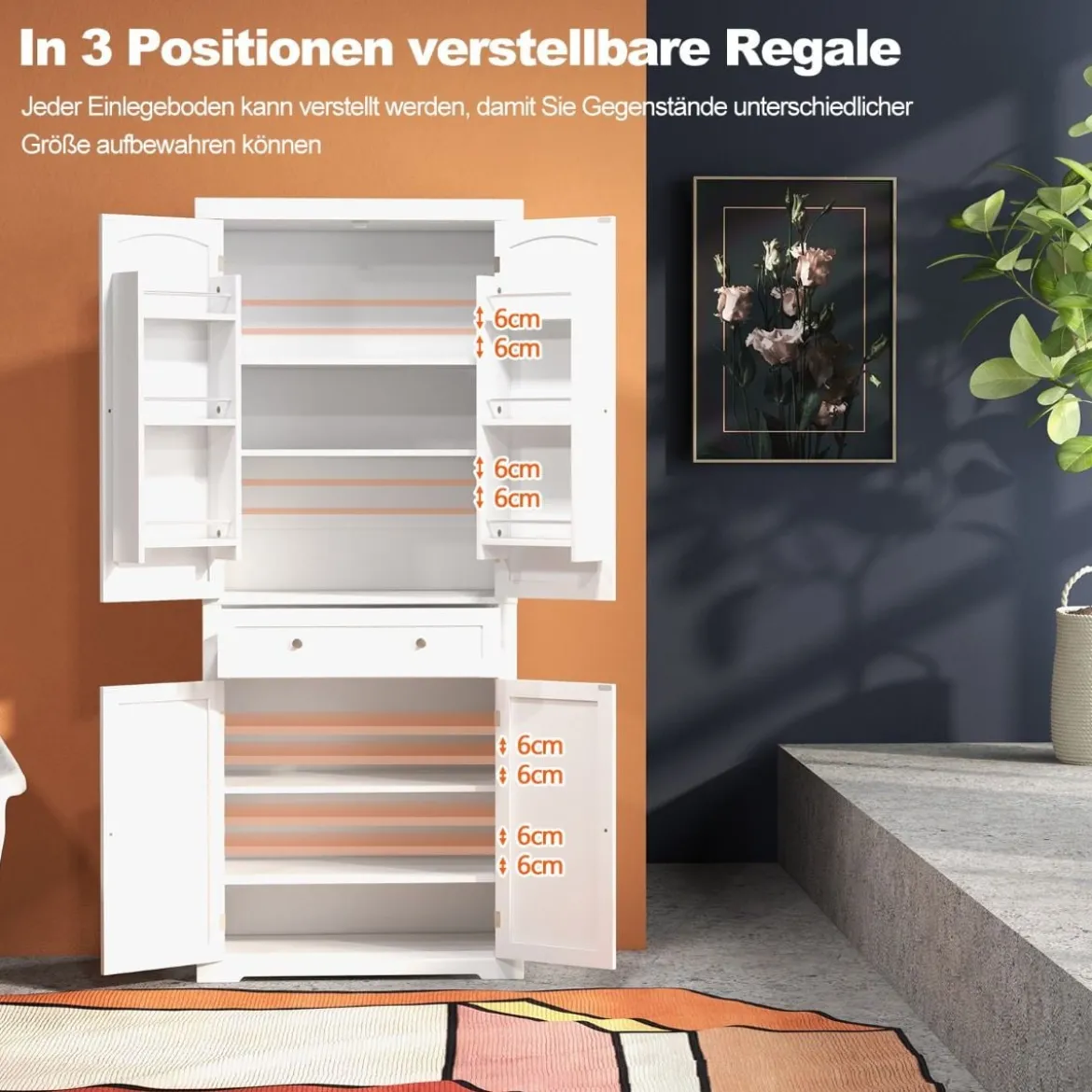 183 cm Hoher Freistehender Küchenschrank mit 4 Türen 76,5 x 40 x 183 cm Weiß