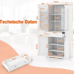 183 cm Hoher Freistehender Küchenschrank mit 4 Türen 76,5 x 40 x 183 cm Weiß